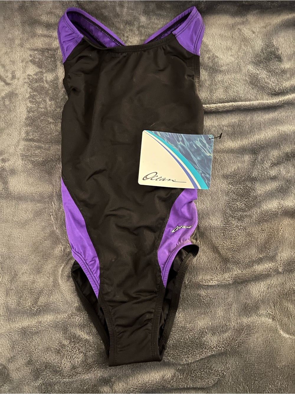 Women's Black and Purple Performance One-Piece Swimsuit Ocean/Dolphin Size 28.